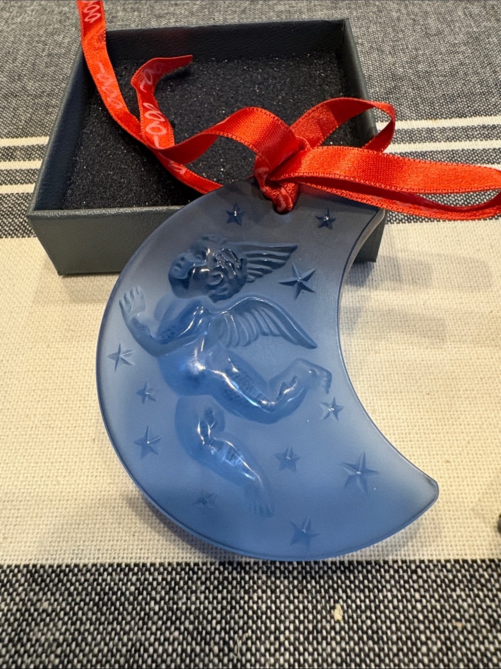 Lalique Blue Crescent Moon Angel Ornament with Red Ribbon